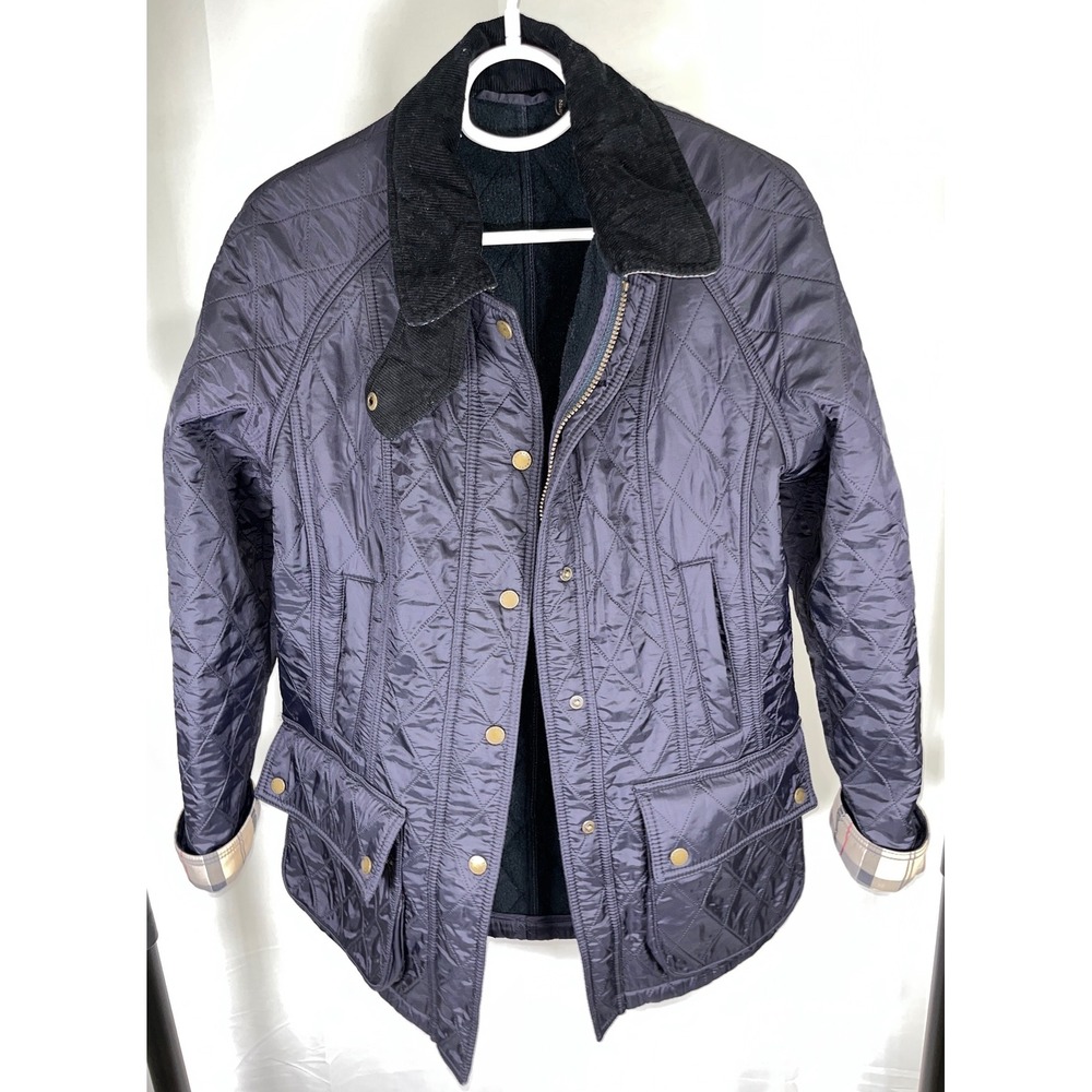 Barbour Quilted Jacket Navy Blue Corduroy Collar Fleece Lined Tartan Trim Size 8